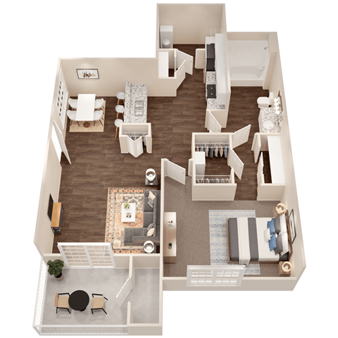 Floor plan for 1 bed, 1 bath, 885 sqft